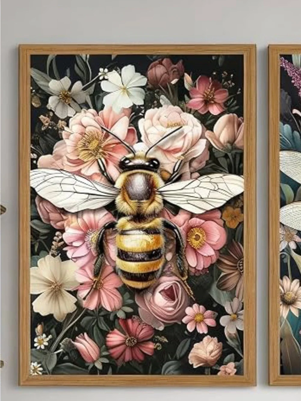 Canvas 3 Piece Set Floral Insect Wall Art Set - Black & Pink Botanical Prints